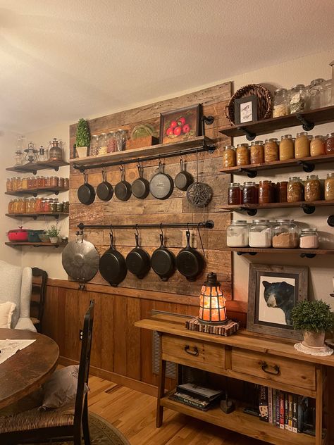 Beauty, efficiency, and accessibility at its best!  We love our wall! Wood Accents Kitchen, Rustic Kitchen Design, Farm Kitchen, Pantry Design, Decoration Idea, Kitchen Redo, Concrete Countertops, Decor Furniture, Dream House Decor