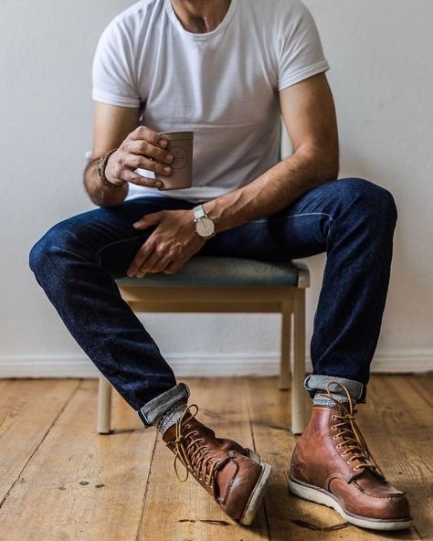 Rustic Mens Fashion Summer, Boots Men Outfit, Boots Outfit Men, Moc Toe Boots, Red Wing Boots, Men’s Boots, Mens Boots Fashion, Rugged Style, Mens Fashion Casual Outfits