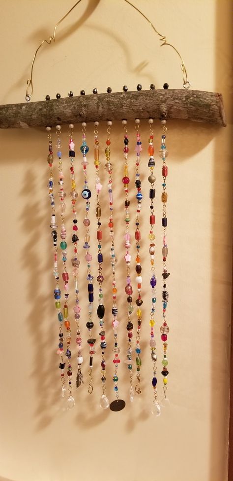 Stick With Beads Hanging, Beaded Chimes, Beaded Suncatcher, Wood Beads, Suncatchers, Tree Branches, Wind Chimes, Craft Projects, Crafts For Kids