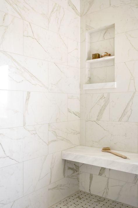 Studio Mcgee Hilltop Estate Bathroom, Transitional Master Bath, Studio Mcgee Bathroom, Mcgee Bathroom, Hilltop Estate, Marble Shower Tile, Basket Weave Tile, Shower Wall Tile, Marble Showers