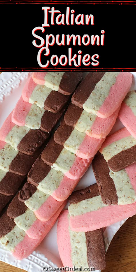 Three flavors in one delicious cookie. This old fashioned recipe was a Christmas treat every year, although I love them year round. The center is green and flavored with your favorite nut, like pistachio or pecan. The red layer has rum extract, and the chocolate layer speaks for itself. Not only festive and pretty, every bite of Italian Spumoni Cookies melts in your mouth. Pizzicati Italian Cookies, Spumoni Cupcakes, Mostaccioli Cookies Recipe, Spumoni Cookies, Crumble Copycat, Pecan Biscotti Recipe, Forgotten Cookies Recipe, Rum Extract, Christmas Cookie Recipes Holiday