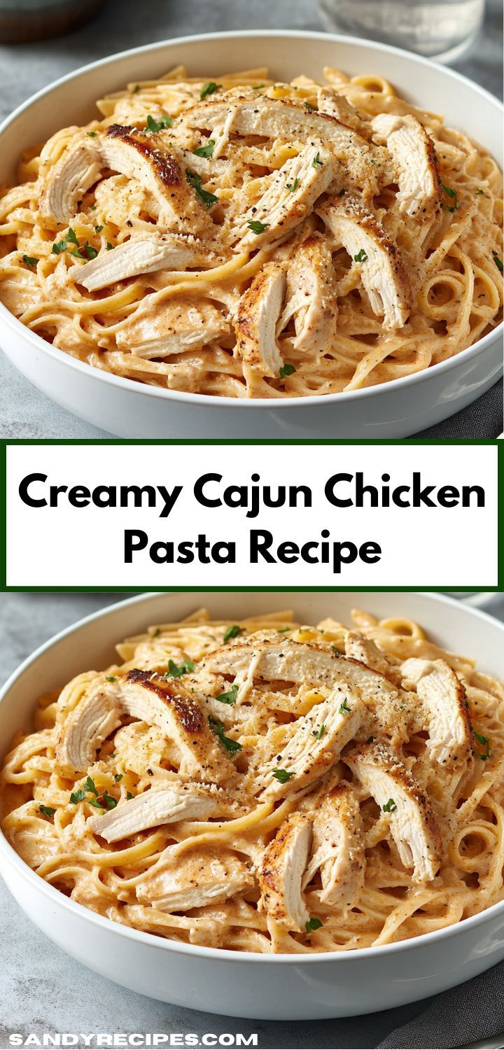 creamy cajun chicken pasta recipe in a white bowl with the title overlay above it