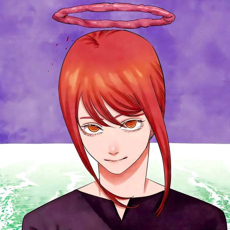 an anime character with red hair and orange eyes is staring at the camera while standing in front of a body of water