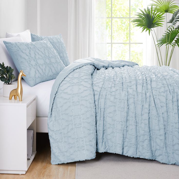 Side View of Marrakech Clipped Jacquard Comforter Set in Blue Light Blue Bedding, King Size Pillow Shams, Blue Comforter Sets, Blue Comforter, King Size Pillows, Comforter Bedding Sets, Fine Living, Jacquard Design, Print Comforter