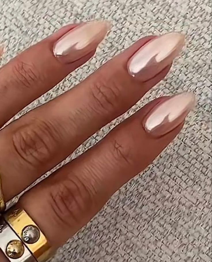 Sheer Gold Chrome Nails, Fall Nails Dip Powder Chrome, Dip Powder With Tips, Engagement Nails Ideas Simple, Peach Chrome Nails, Chrome Pearl Nails, Peach Acrylic Nails, Nail Aesthetics, June Nails