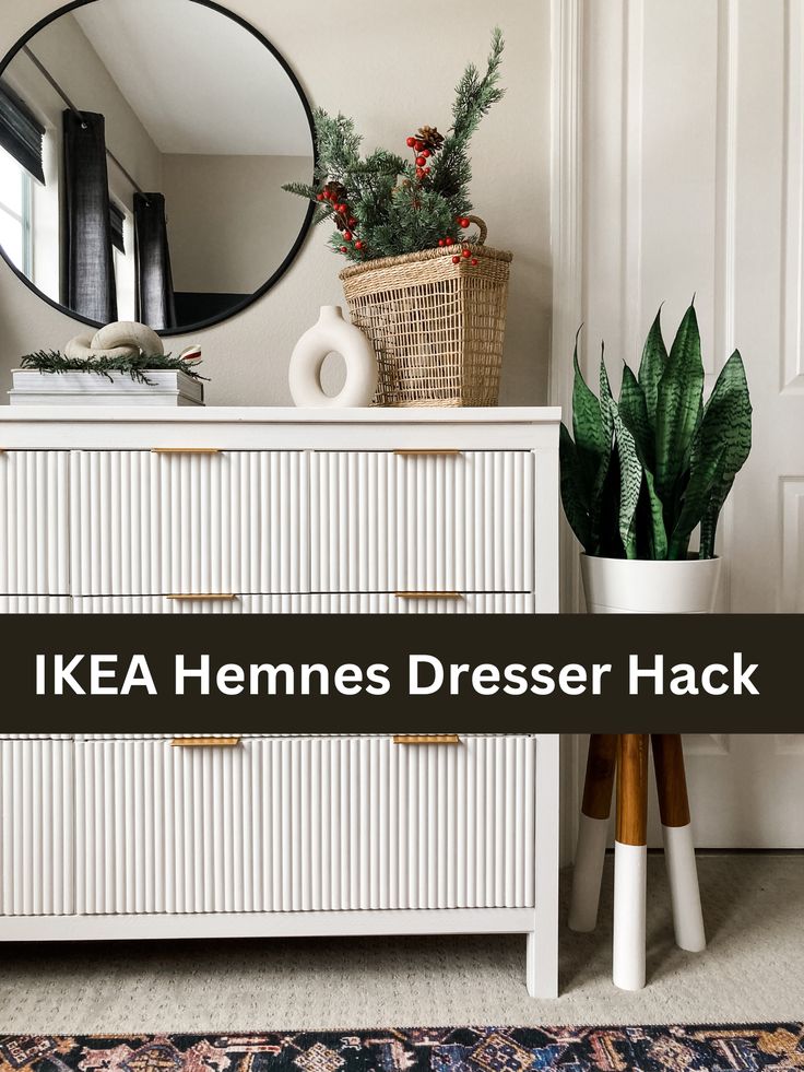 ikea hemnes dresser hack with plants on top and the words ikea hemnes dresser hack