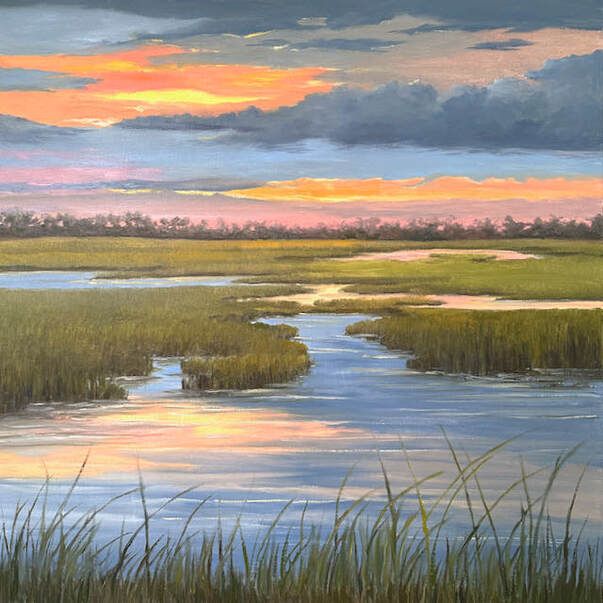 an oil painting of a marsh at sunset with clouds in the sky and grass in the foreground