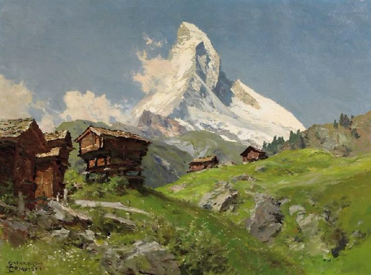 a painting of a mountain with houses in the foreground