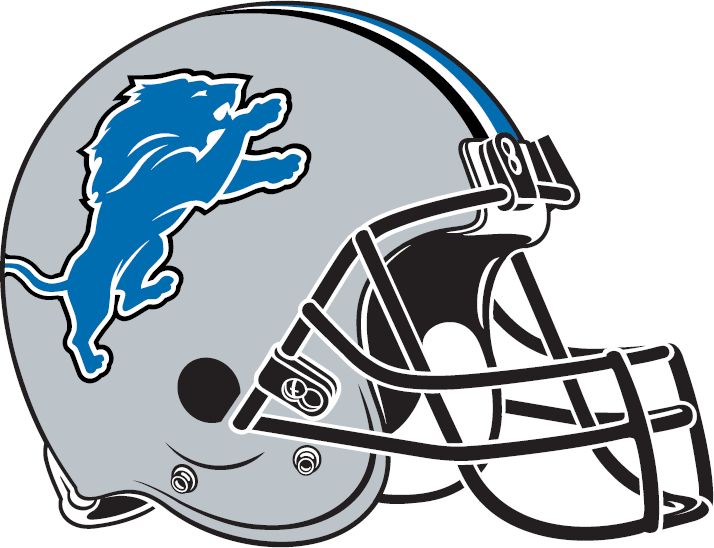 the detroit lions logo is shown in blue and white with a football helmet on it