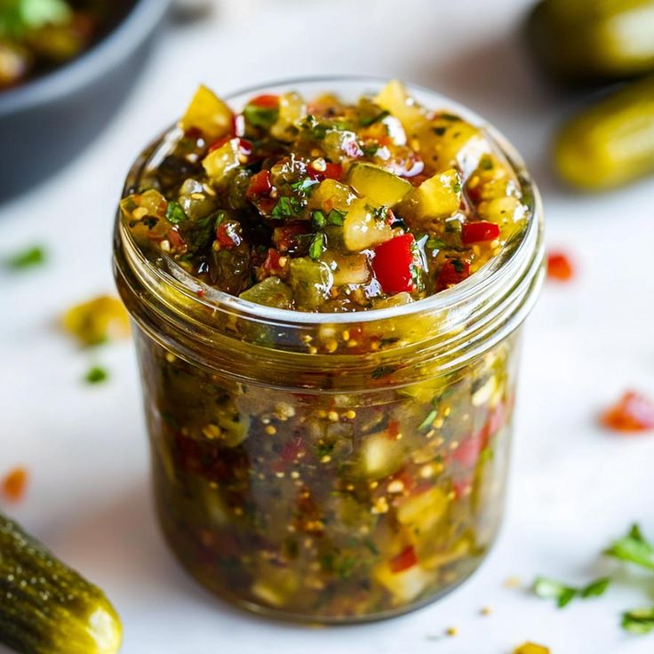 a glass jar filled with pickles and other vegetables on top of a white table