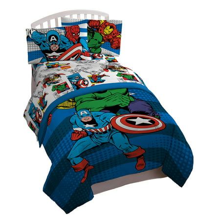 the avengers twin bedding set is blue and has an image of captain america on it