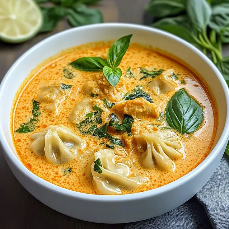 a white bowl filled with dumplings covered in sauce and garnished with green leaves