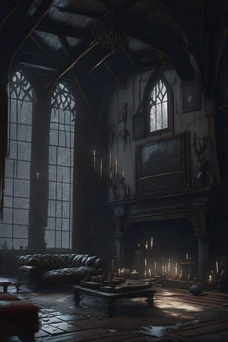 a dark room filled with lots of windows and furniture