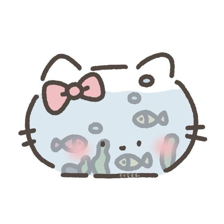 an image of hello kitty with a bow on it's head and fish around its neck