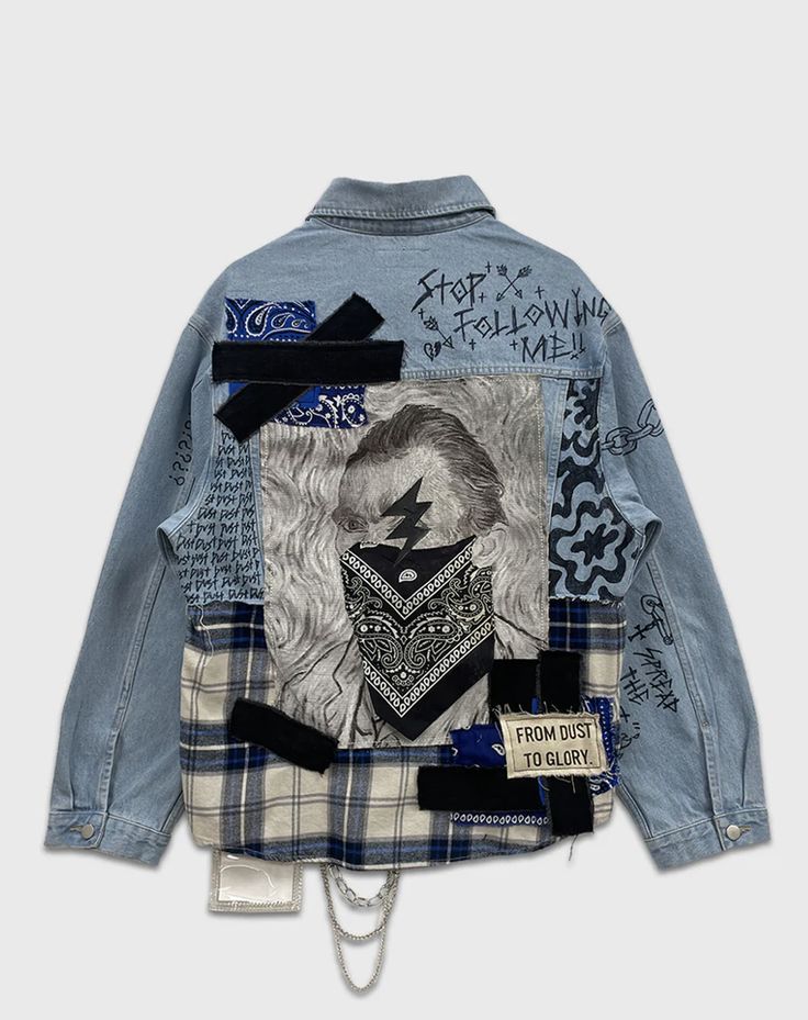 Jean Jacket Art Ideas, Jaket Jeans Custom, Streetwear Moodboard, Denim Jacket Diy, Collage Jacket, Mens Jean Jacket, Reworked Jacket, Reworked Clothes, Handmade Jacket