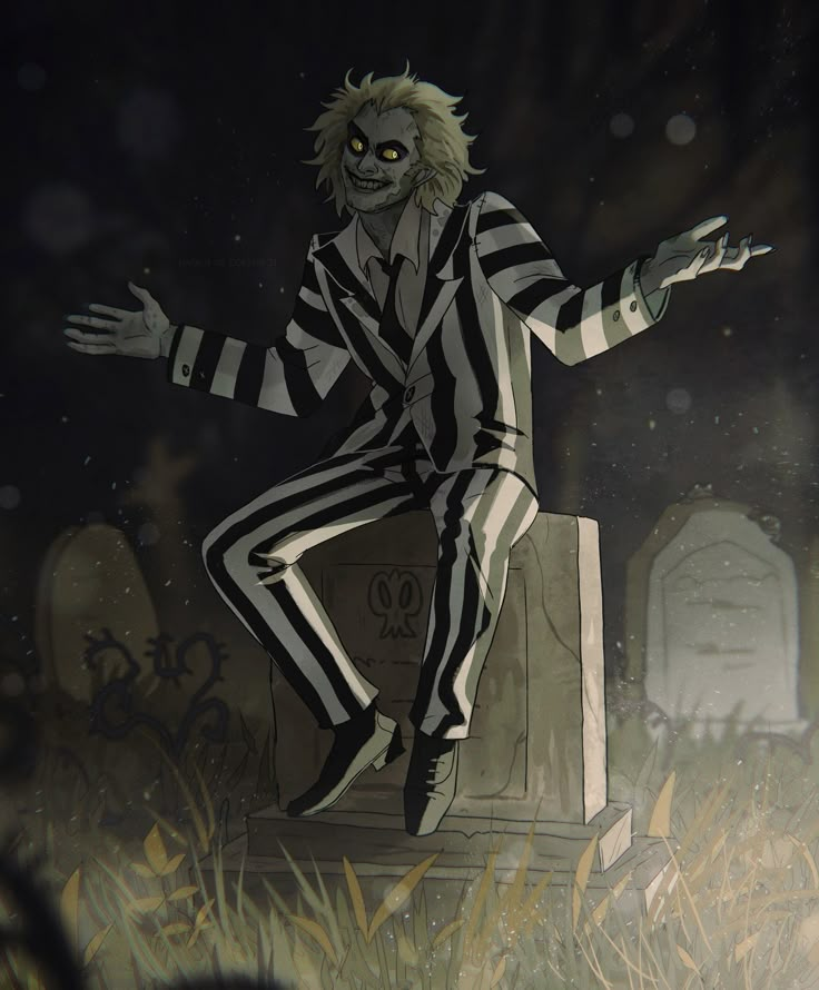 a creepy man sitting on top of a grave in the grass with his arms out