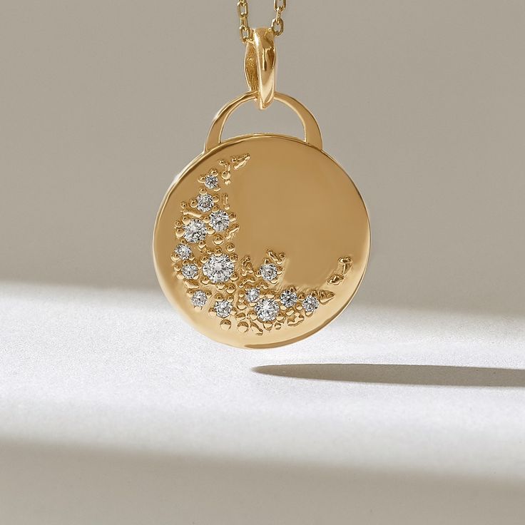 Diamond Crescent Moon Necklace 14k Solid Gold Disc Necklace - Etsy Necklace Real Gold, Gold Disc Necklace, Pendant Minimalist, Moon Phases Necklace, Necklace Moon, Gold Coin Necklace, Celestial Necklace, Gold Disc, Crescent Moon Necklace