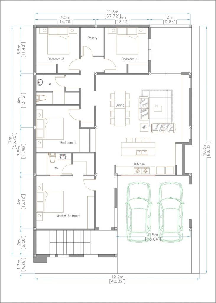 the floor plan for a house with two cars parked in front and one car parked on the