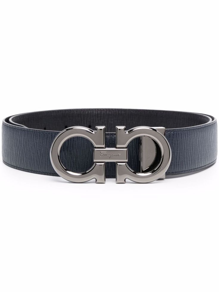 Deep ocean calf leather Gancini-buckle leather belt from SALVATORE FERRAGAMO featuring grained texture, punch-hole detailing, adjustable fit and Gancini buckle. | Salvatore Ferragamo Gancini-buckle leather belt Designer Calf Leather Belt Buckle, Designer Calf Leather Belt Buckles, Designer Leather Belt With Logo Plaque, Leather Belt Buckle With Logo For Business, Leather Belt Buckles With Logo For Business, Leather Belt Buckles With Logo Plaque For Business, Luxury Leather Belt With Buckle Closure, Luxury Leather Belt With Logo Plaque, Leather Belt Buckles With Logo Plaque