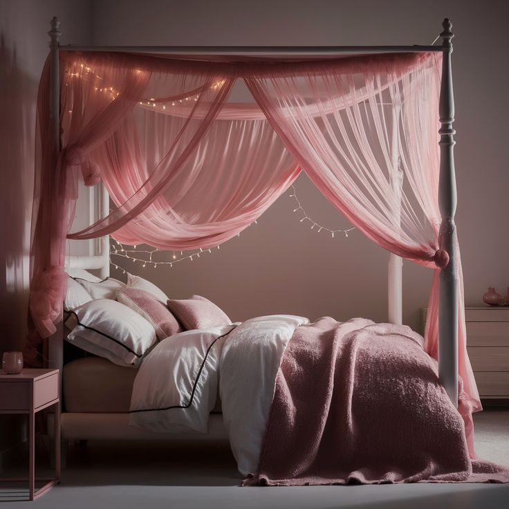 "Dreamy pink canopy bed with flowing sheer drapes, plush white and blush bedding, surrounded by soft ambient lighting in a whimsical bedroom setting." Pink Canopy Bedroom, Pink Canopy Bed, Pink Canopy, Pink Bedroom Ideas, Canopy Bedroom, Plush Bedding, Unique Themes, Pink Bedrooms, Blush Tones