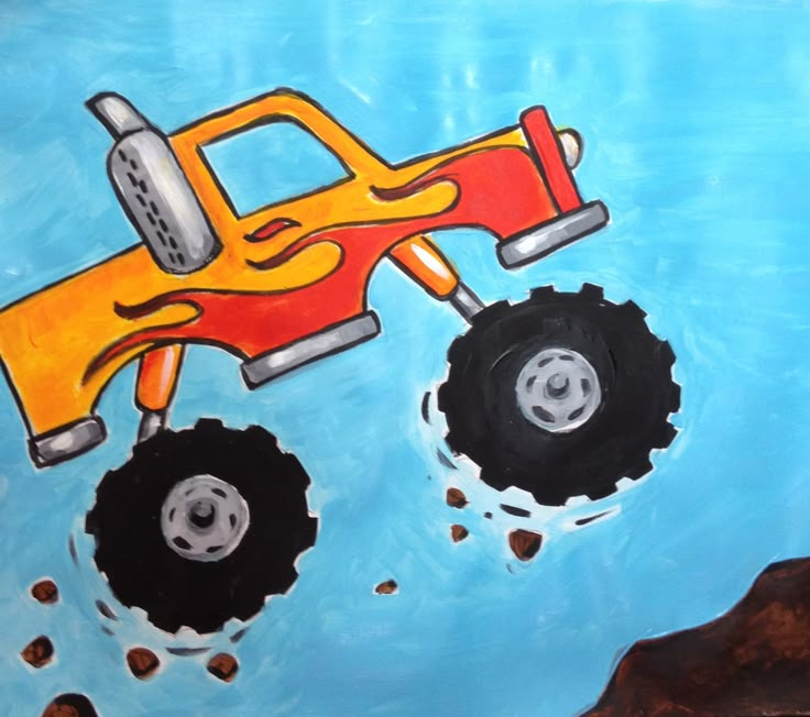 a painting of a monster truck in the water