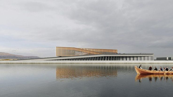 a boat with people in it floating on the water next to a building that is shaped like a wave