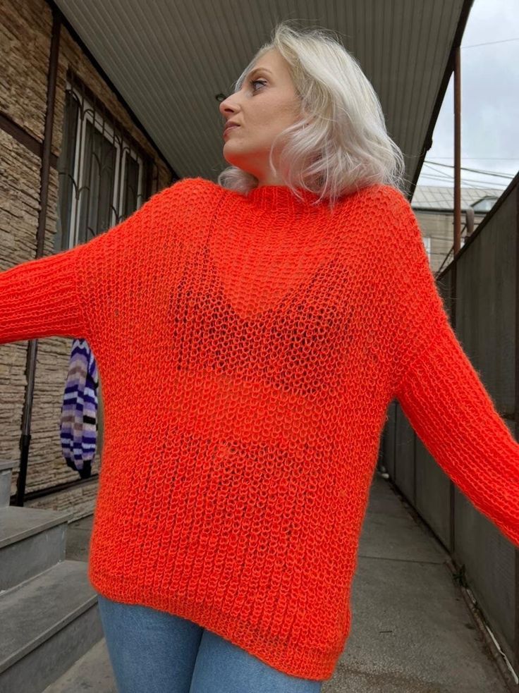 Red Casual Sweater, Casual Long Sleeve Hand Knitted Sweater, Hand Knitted Knit Sweater For Fall, Red Knitting Pattern For Fall, Spring Crew Neck Hand Knitted Sweater, Fall Open Knit Pattern, One Size Hand Knitted Knit Sweater, One Size Hand Knitted Sweater, Orange Knitted Sweater For Spring