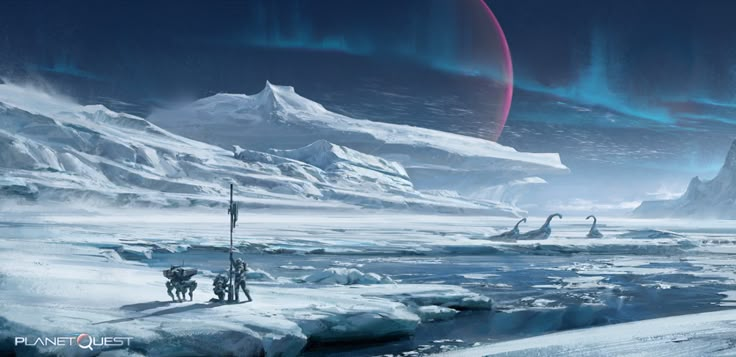 an artist's rendering of ice and mountains in the distance with two people standing on it