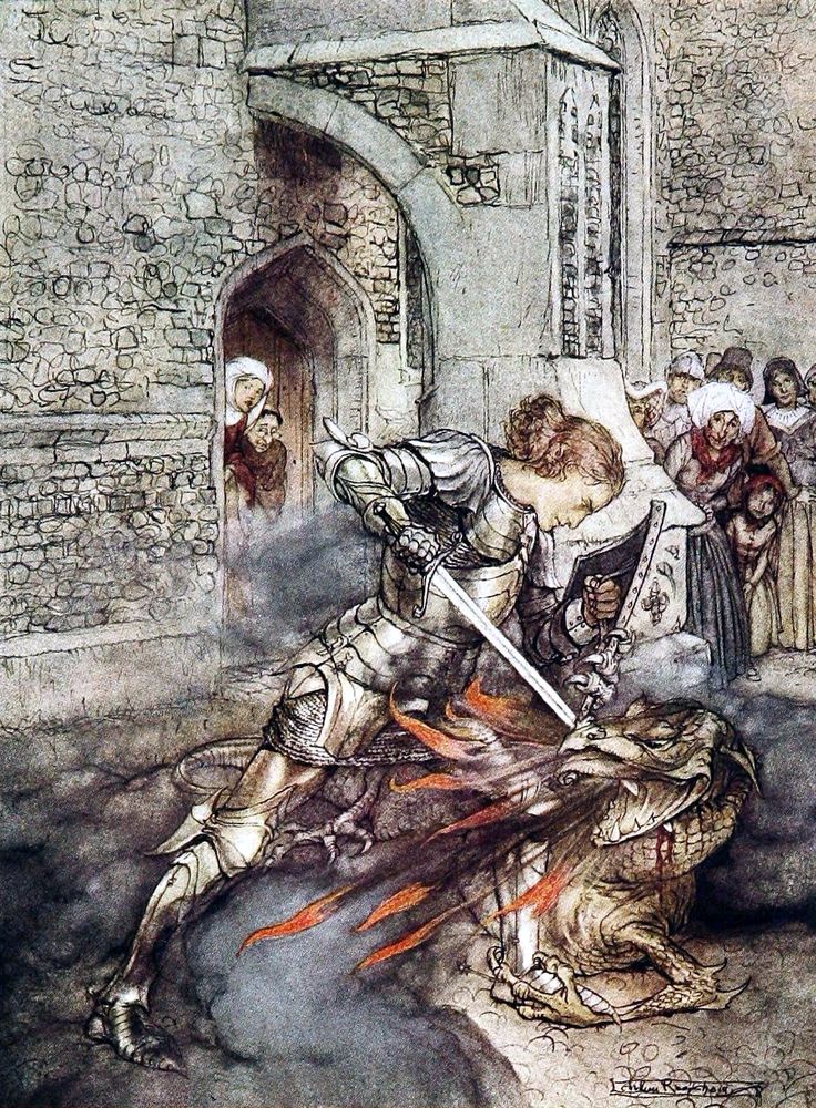 ‘Sometimes with dragons he wars’ - Arthur Rackham (1867 - 1939), The Romance of King Arthur and his Knights of the Round Table (p360, 1917) [source: Internet Archive Book Images]. From: Sir Gawain and the Green Knight. Roi Arthur, Knights Of The Round Table, Arthurian Legend, Arthur Rackham, King Arthur, Armors, A Dragon, Round Table, Tolkien