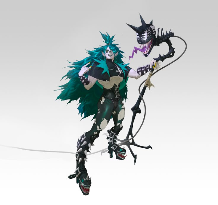 an animated character with blue hair and black makeup holding a stick in one hand while standing next to another