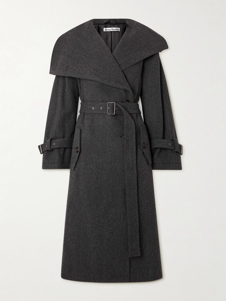 Acne Studios' coat is designed with asymmetric oversized lapels for a contemporary take on classic outerwear. It's tailored from a warm wool-blend in a herringbone pattern and comes with a matching buckled belt to cinch the relaxed shape. Grey's Anatomy Derek, Queen Style, Soul Contract, Black Herringbone, Grey Coat, Wool Blend Coat, Herringbone Pattern, Grey's Anatomy, Elegant Outfit