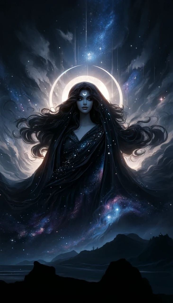 a woman with long hair standing in front of a full moon and stars filled sky