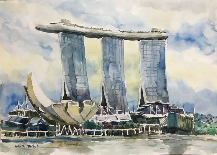 watercolor painting of two tall buildings in the background