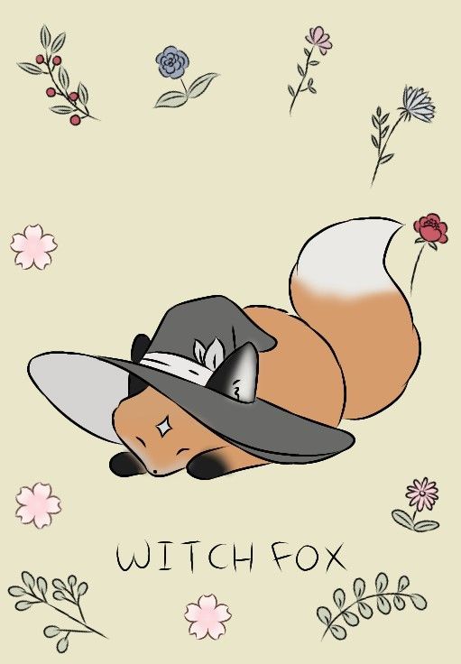 a drawing of a fox with a hat on it's head and flowers in the background