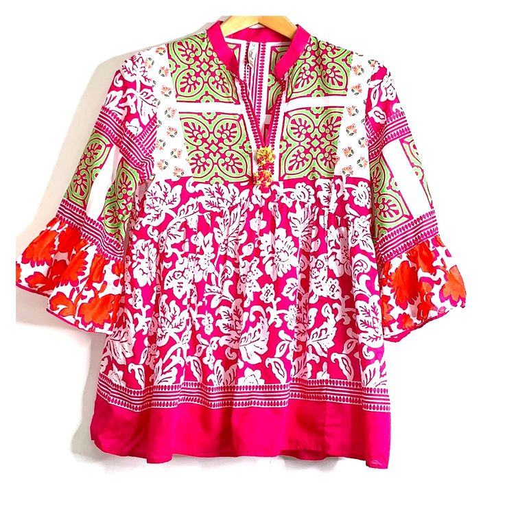 New Without Tags!! Ethnic Floral V-Neck Tunic Top Blouse Size Xs Traditional Multicolor V-neck Tops, Traditional Multicolor V-neck Tunic, Casual Multicolor V-neck Tunic, Bohemian V-neck Tunic With Printed Motifs, Bohemian V-neck Multicolor Print Blouse, V Neck Tops, New Wardrobe, Pink And Green, Tunic Tops