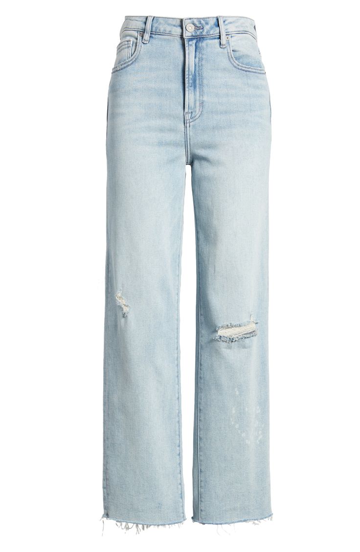 Made to look like well-loved favorites, these stretchy straight-leg jeans are distressed with threadbare rips, bleach splatters and ankle-grazing raw hems. 28" inseam; 11 1/2" front rise Zip fly with button closure Five-pocket style 93% cotton, 5% polyester, 2% spandex Machine wash, tumble dry Imported High Rise Washed Blue Distressed Cropped Jeans, High Rise Distressed Washed Blue Cropped Jeans, Distressed High Rise Cropped Jeans In Washed Blue, Mid-rise Washed Blue Distressed Cropped Jeans, Faded Distressed Cropped Leg Jeans, Mid-rise Distressed Flare Jeans With Relaxed Fit, Trendy Distressed Washed Blue Cropped Jeans, Casual Distressed Cutoff Flare Jeans, Trendy Washed Blue Distressed Cropped Jeans