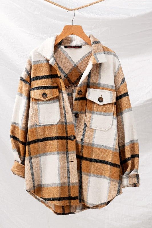 Checkered oversized button down jacket 80% POLY 10% COTTON 10% ACRYLIC Vestiti In Jeans, Casual Plaid Shirt, Plaid Shirt Women, Checkered Jacket, Plaid Shacket, Flannel Jacket, Tweed Coat, Plaid Coat, Loose Shirts