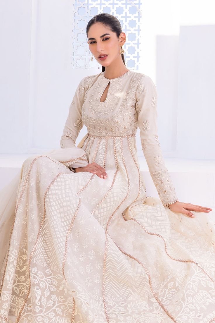 Merkai – Sania Maskatiya International Saniya Maskatiya Formal Wear, Anarkali Churidar With Intricate Embroidery For Festive Occasions, Off White Raw Silk Anarkali Dress, Off White Anarkali Dress In Raw Silk, White Anarkali Set With Dupatta, Elegant Cream Dupatta With Cutdana, Eid Anarkali Salwar Kameez With Intricate Embroidery, Elegant Cream Chanderi Kurta, Festive Off White Churidar For Navratri