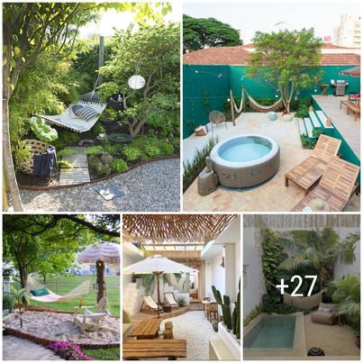 four pictures with different types of outdoor furniture and trees in the background, including a hot tub