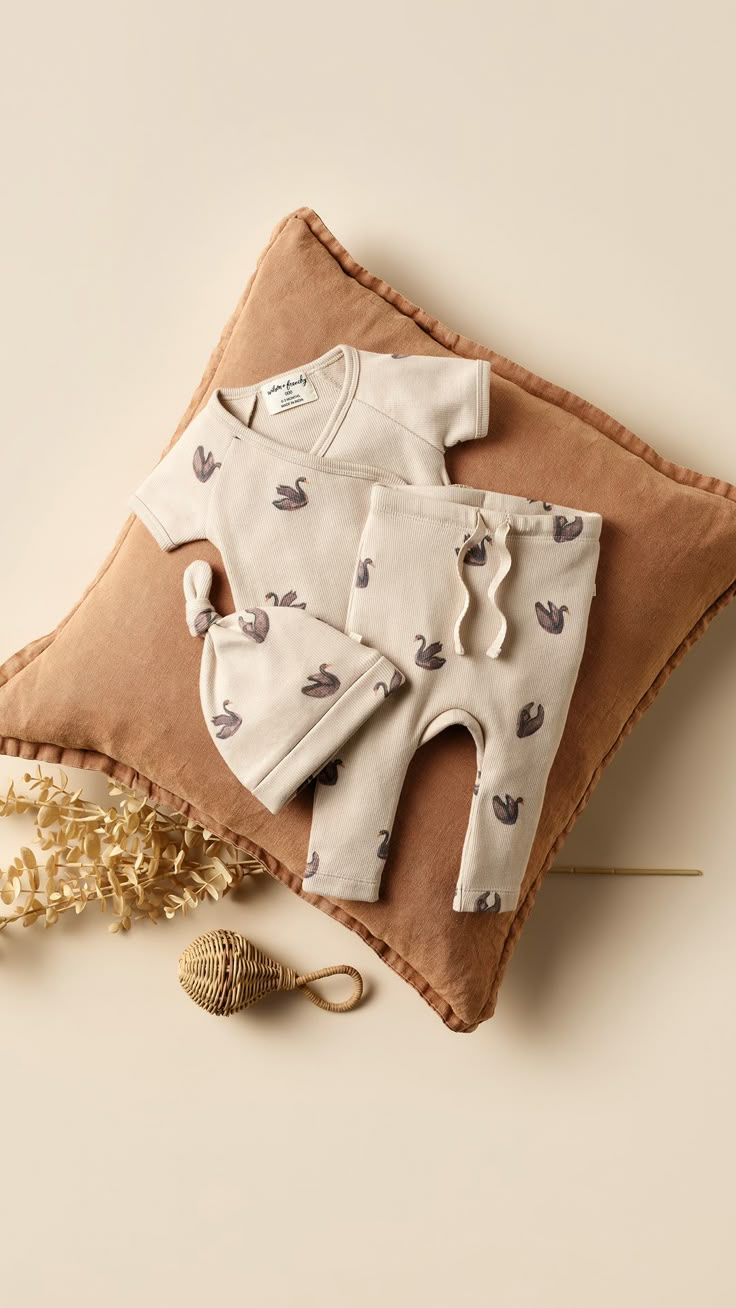 a baby's outfit laying on top of a pillow next to a seashell