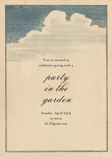 an old fashioned birthday card with the words party in the garden and clouds above it