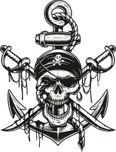 a skull wearing a pirate hat with two crossed swords in front of it and an anchor on the side