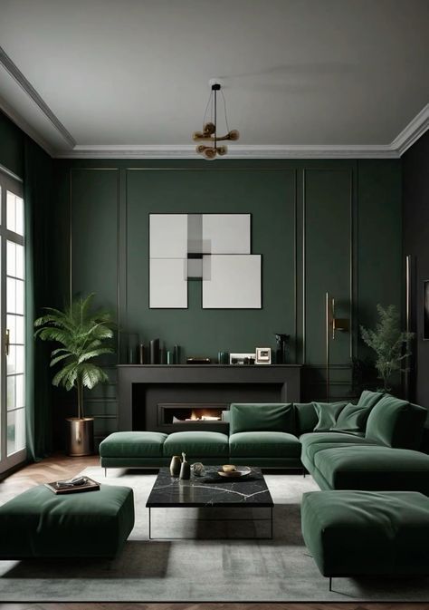 a living room with green couches and a fireplace in the corner, surrounded by large windows