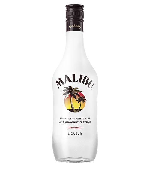 a bottle of malubu with white rum and coconut flavor on the bottom, in front of a white background