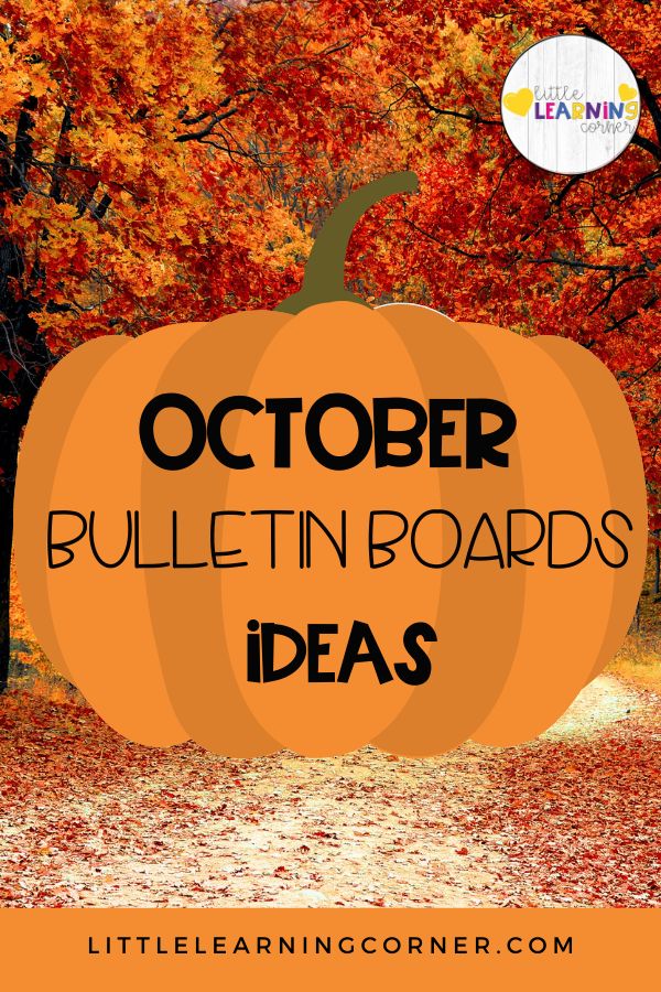 an orange pumpkin with the words october bulletin boards ideas on it in front of fall trees