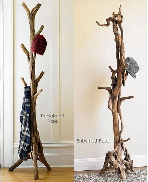 two different views of a tree made out of branches with hats on top and plaid fabric hanging from it