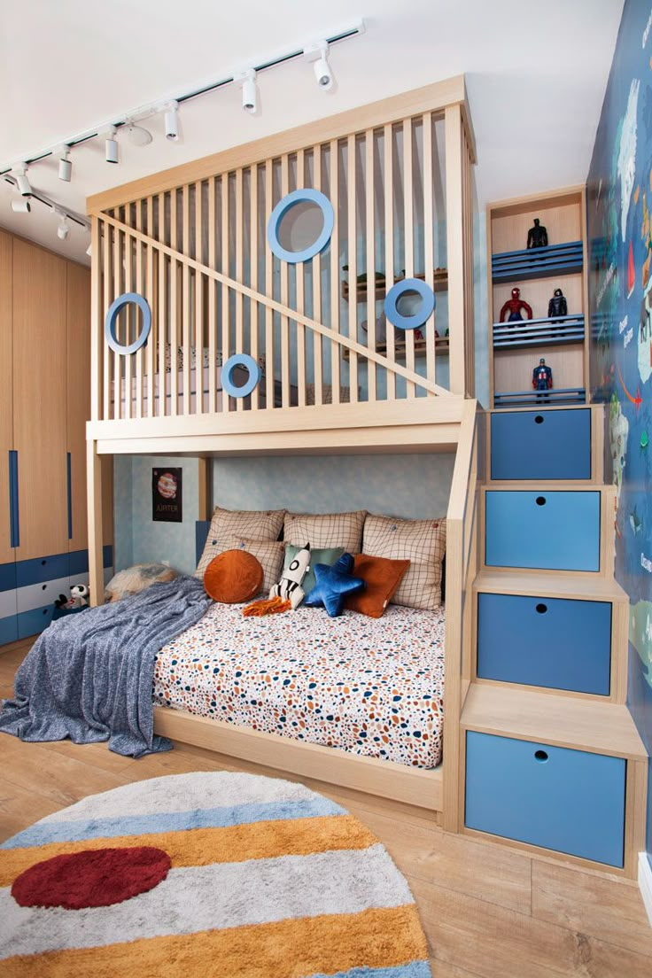 a bedroom with a bunk bed and stairs in the wall, next to a rug on the floor