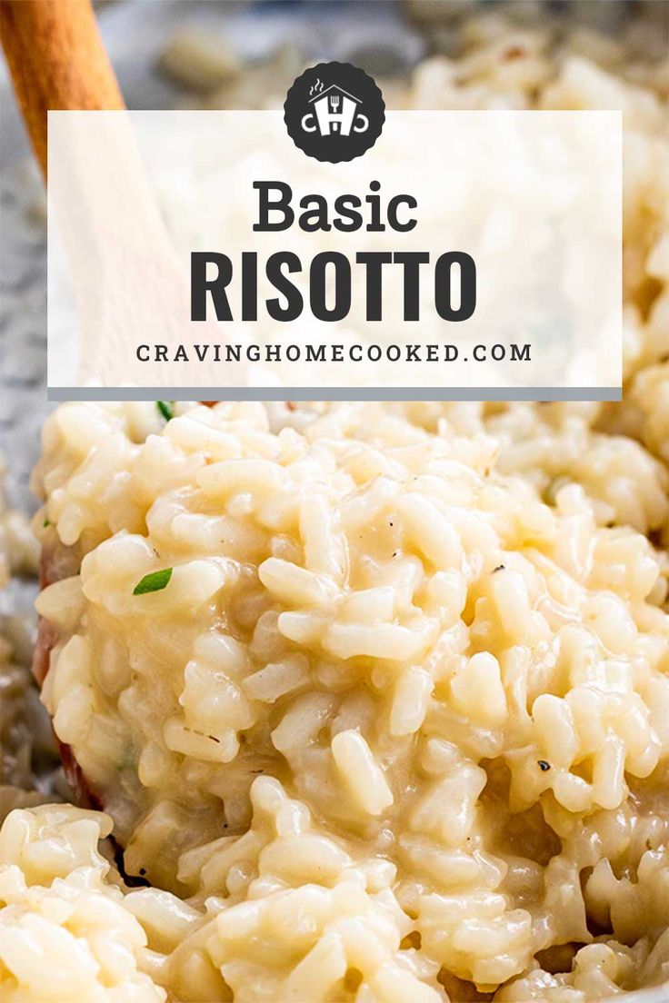 risotto in a skillet with a wooden spoon and text overlay that reads basic risotto