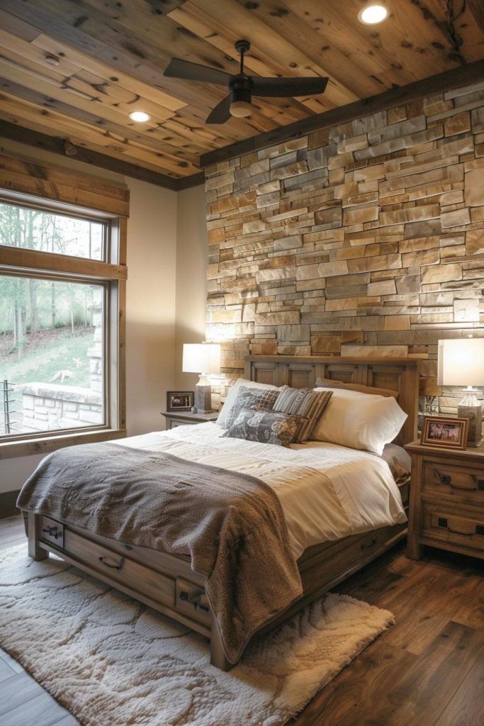 a bedroom with a stone wall and wooden floors