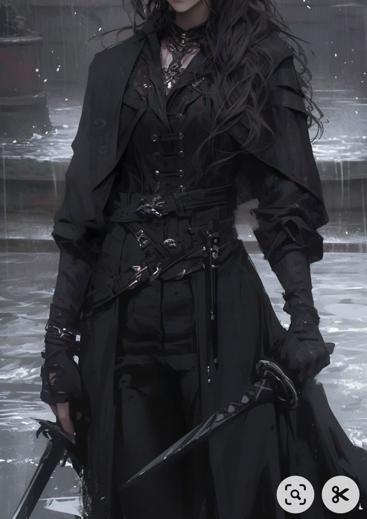 Woman Battle Outfit, All Black Fantasy Outfit, Fantasy Outfits Fem, Assassin Outfit Fantasy, Woman Swordsman, Female Battle Outfit, Assassin Aesthetic Outfit, Dark Academia Poses, Female Assassin Outfits Modern